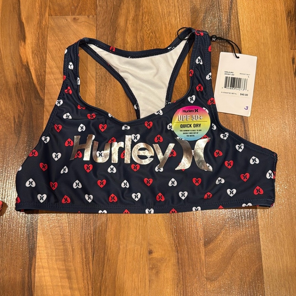 Hurley girls swim top racer back red white and blue size large NWT UPF